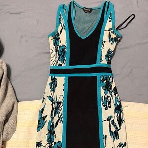 Bebe Black and Teal Patterned Mini Dress